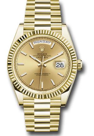Replica Rolex Yellow Gold Day-Date 40 Watch 228238 Fluted Bezel Champagne Index Dial President Bracelet